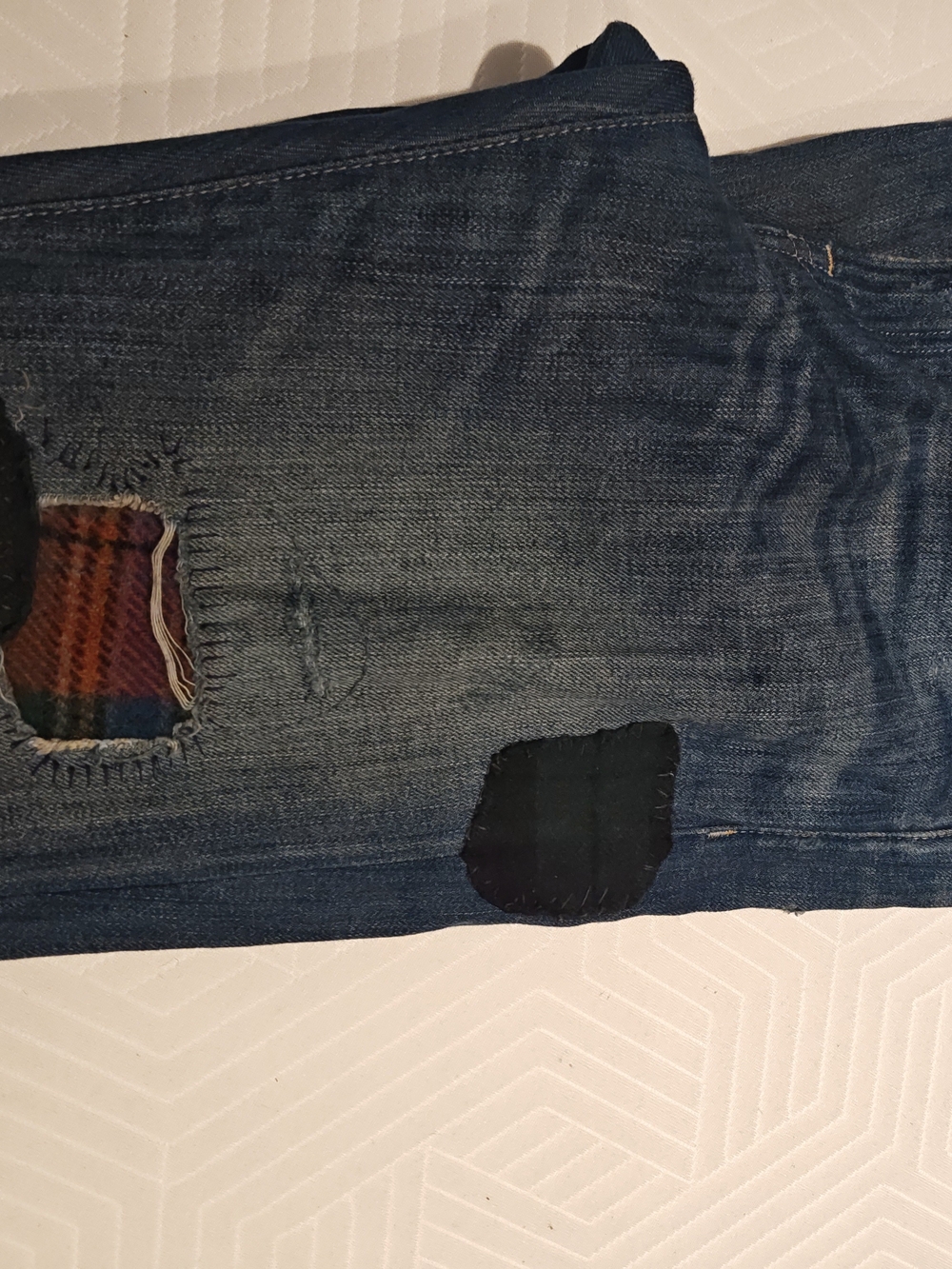 Polo by Ralph Lauren Slim Straight Distressed Blue Jeans with Plaid Patches - Picture 4 of 16